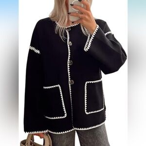 Women's Wool Blend Color Block Embroidered Collarless Button Down Jacket Coat